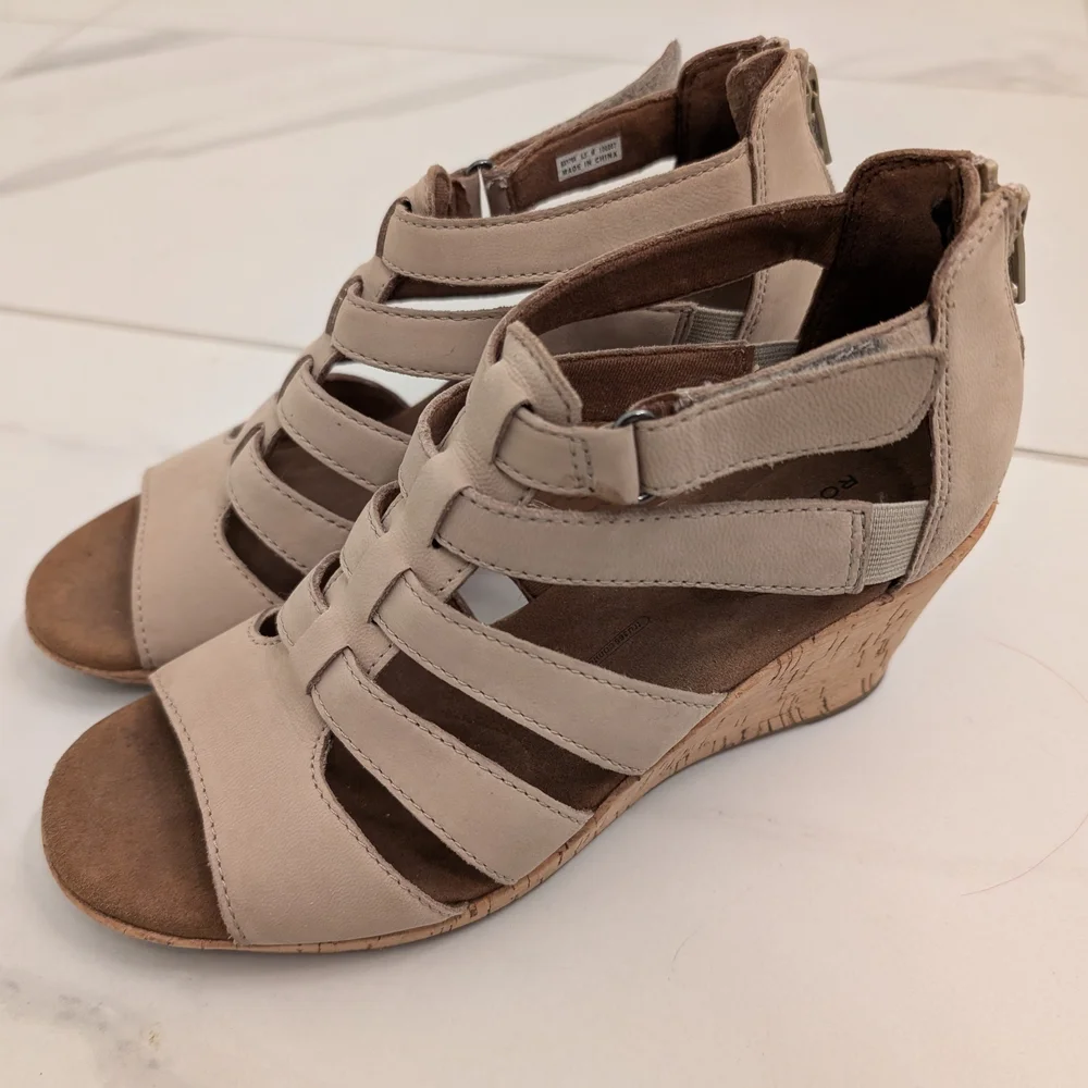 Women's Beige Strappy Wedge Sandals Size 6.5